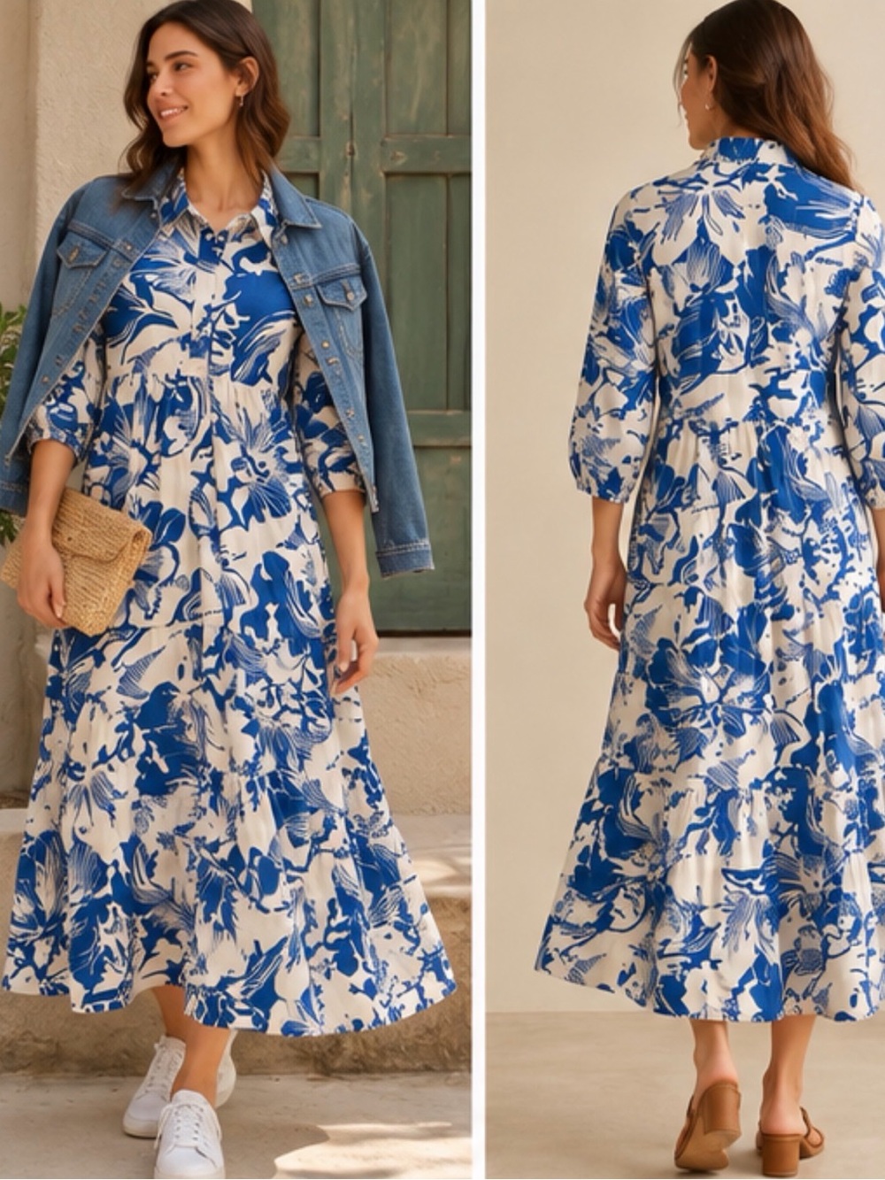 Maeve Anthropologie Bettina Tiered Shirt Dress Blue White Floral Size MP